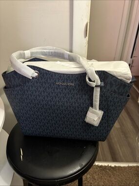 Michael Kors Navy Logo-Print Tote with Top Handles